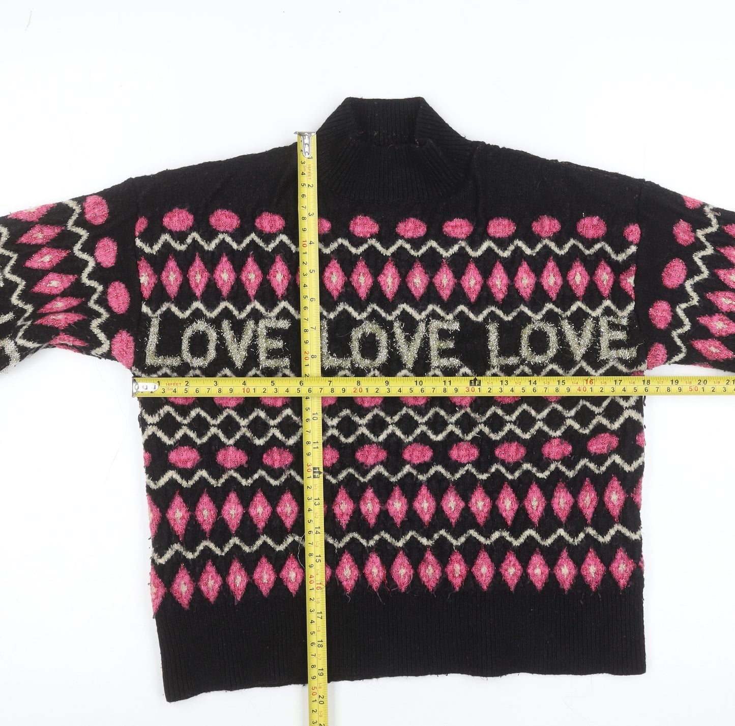 Oasis Womens Black Pink LOVE Knit High Neck Wool Jumper M