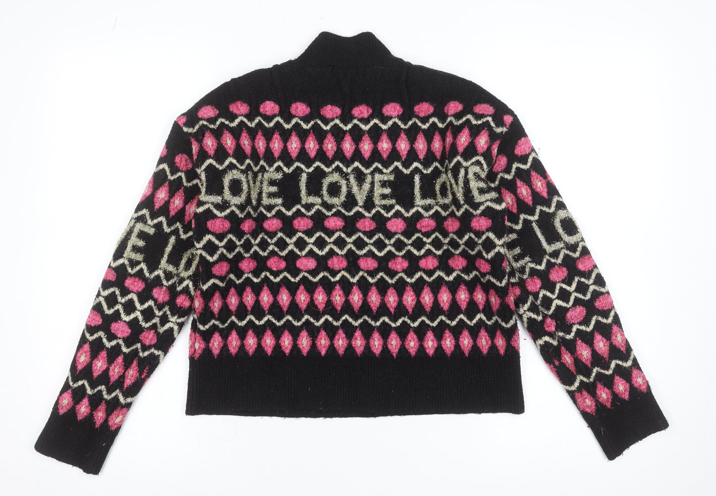 Oasis Womens Black Pink LOVE Knit High Neck Wool Jumper M