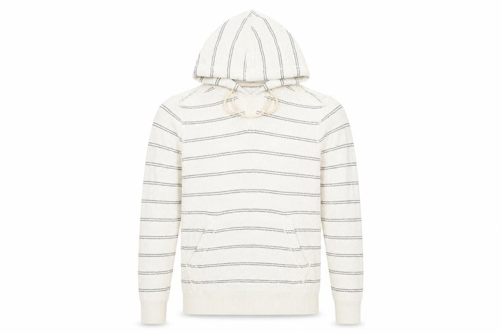 Front view of FatFace Men's Oatmeal Striped Cotton Hoodie Small Beige Pullover