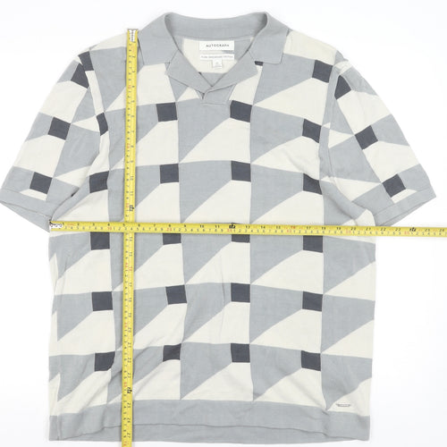 Marks and Spencer Autograph Men's Grey Geometric Cotton Polo Shirt XL