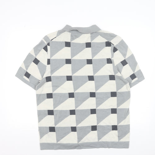 Marks and Spencer Autograph Men's Grey Geometric Cotton Polo Shirt XL