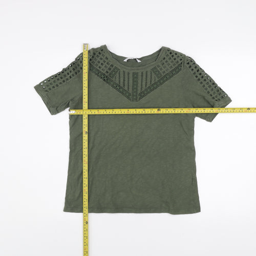 Jasper Conran Women's Green Cotton Crochet Trim T-Shirt Size 14