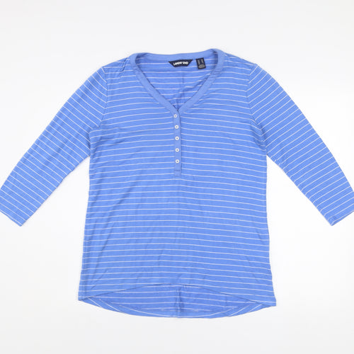 Lands' End Women Blue Striped 3/4 Sleeve V-Neck Henley Top XS