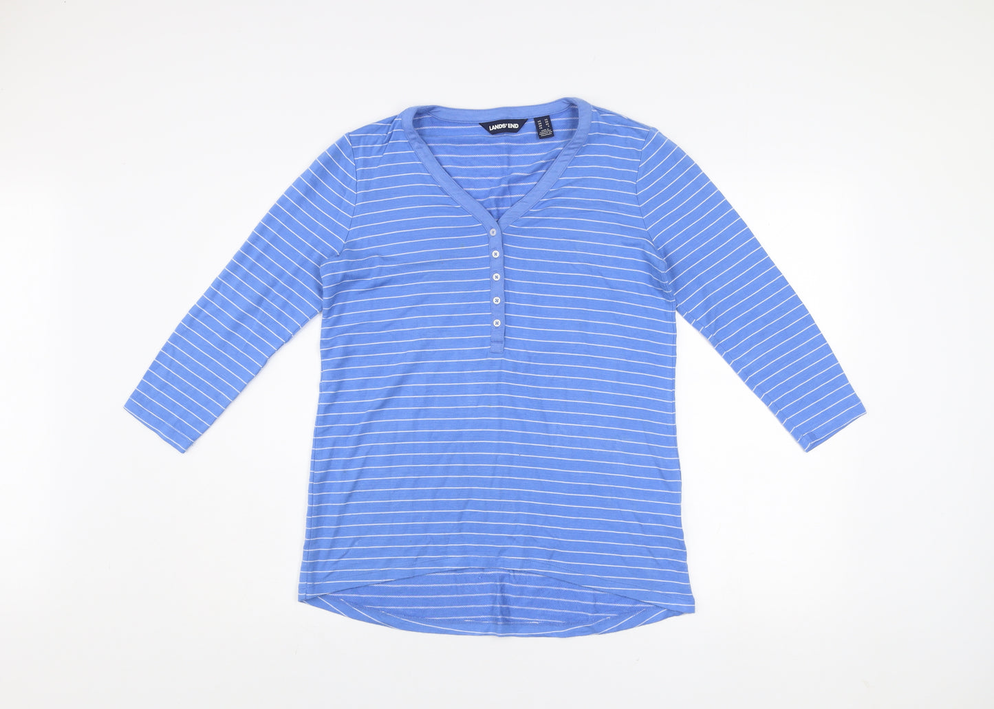 Lands' End Women Blue Striped 3/4 Sleeve V-Neck Henley Top XS