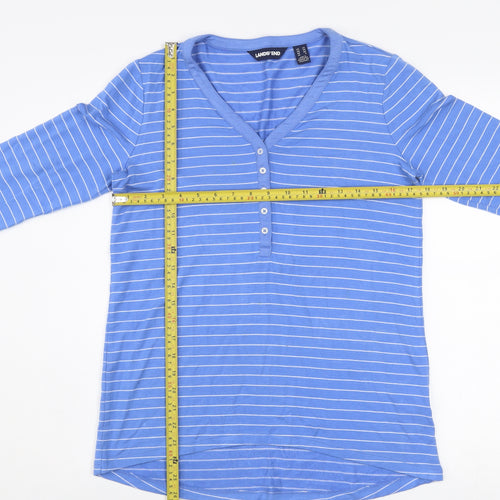 Lands' End Women Blue Striped 3/4 Sleeve V-Neck Henley Top XS