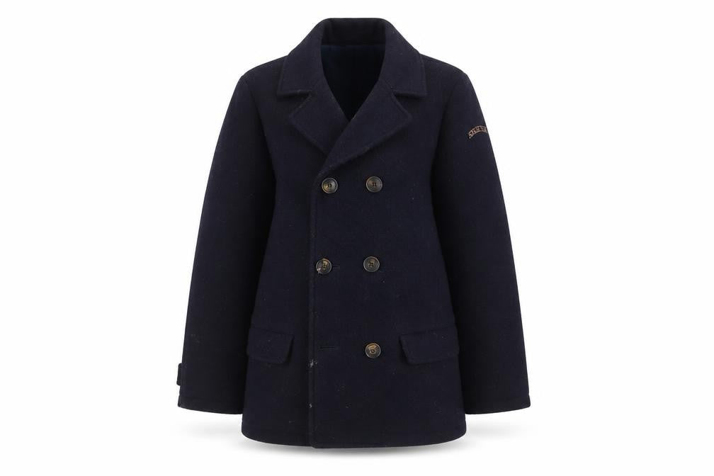 Front view of Scotch Shrunk Women's Blue Wool Pea Coat, size 12, Lined Classic Style