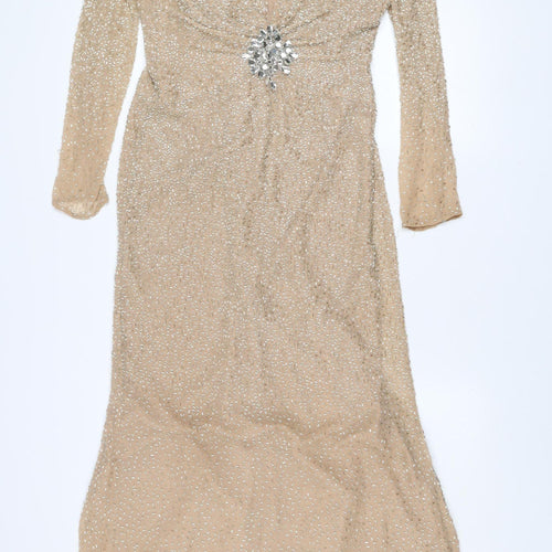 Sherri Hill Women’s Beige Long Sleeve Beaded Silk Mermaid Dress Size 8