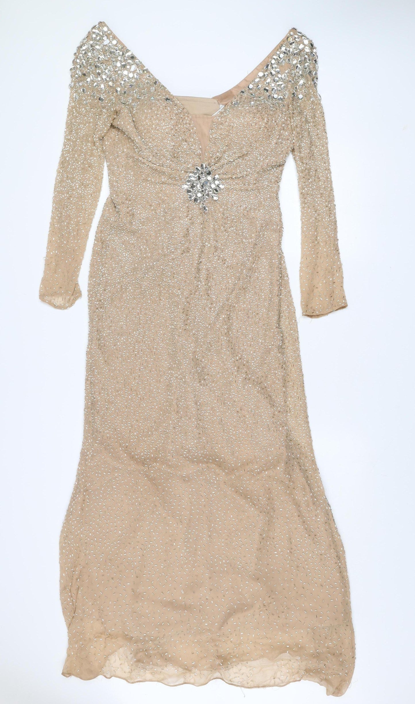 Sherri Hill Women’s Beige Long Sleeve Beaded Silk Mermaid Dress Size 8