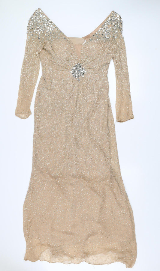 Sherri Hill Women’s Beige Long Sleeve Beaded Silk Mermaid Dress Size 8