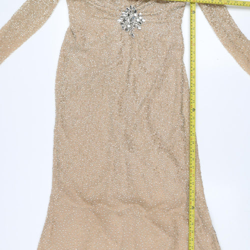 Sherri Hill Women’s Beige Long Sleeve Beaded Silk Mermaid Dress Size 8