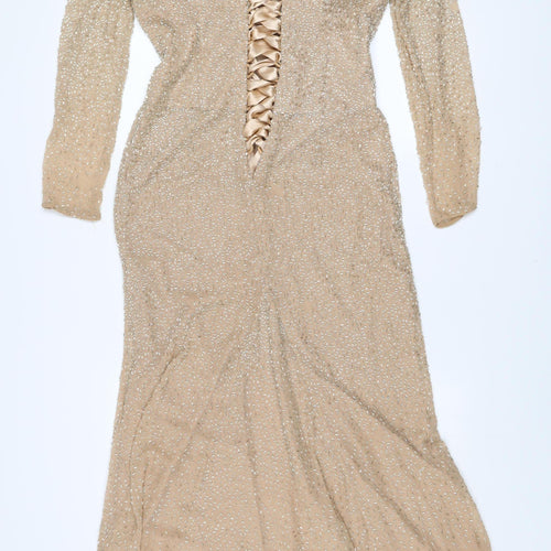 Sherri Hill Women’s Beige Long Sleeve Beaded Silk Mermaid Dress Size 8