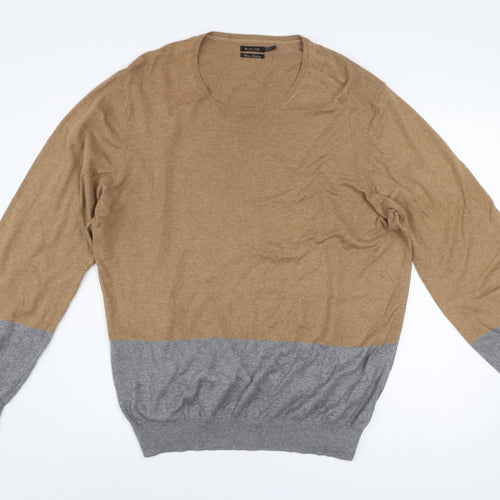 Massimo Dutti Men’s Brown & Grey Cotton Cashmere Crew Neck Jumper Size M