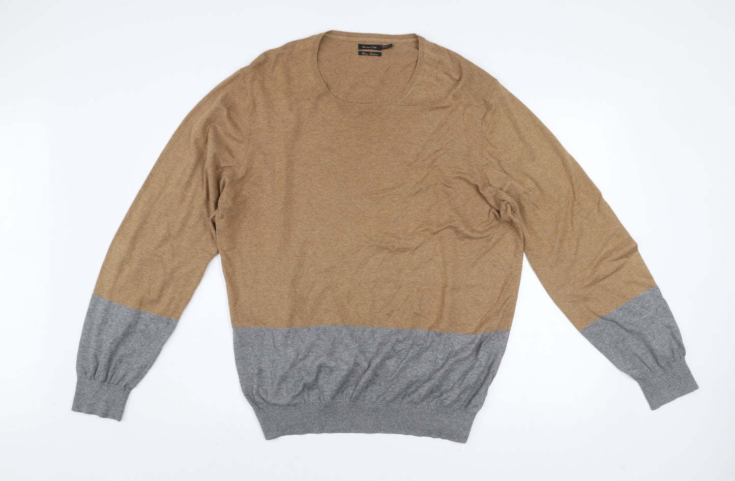Massimo Dutti Men’s Brown & Grey Cotton Cashmere Crew Neck Jumper Size M