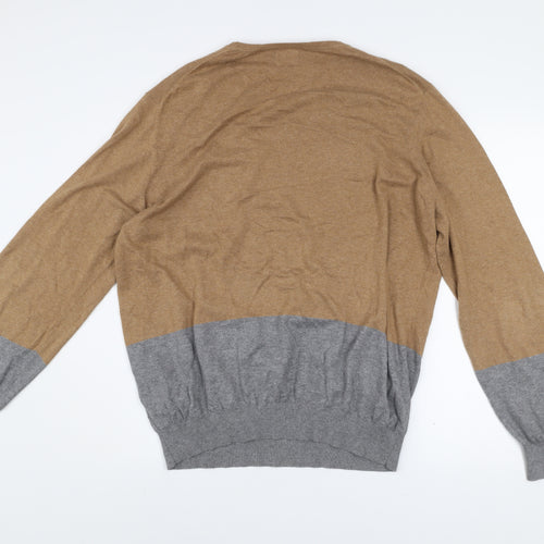 Massimo Dutti Men’s Brown & Grey Cotton Cashmere Crew Neck Jumper Size M