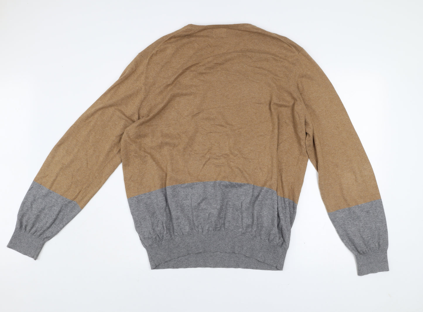 Massimo Dutti Men’s Brown & Grey Cotton Cashmere Crew Neck Jumper Size M