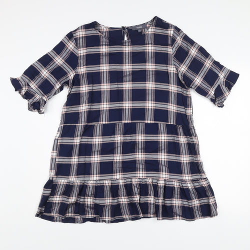 Studio Women's Blue Checked Ruffle Shift Dress Size 14