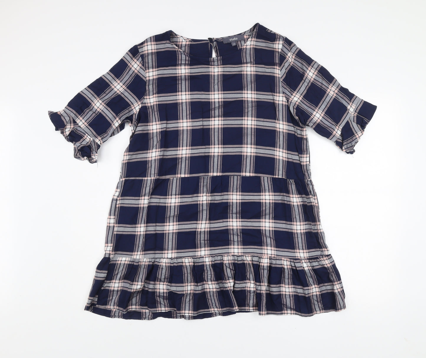 Studio Women's Blue Checked Ruffle Shift Dress Size 14