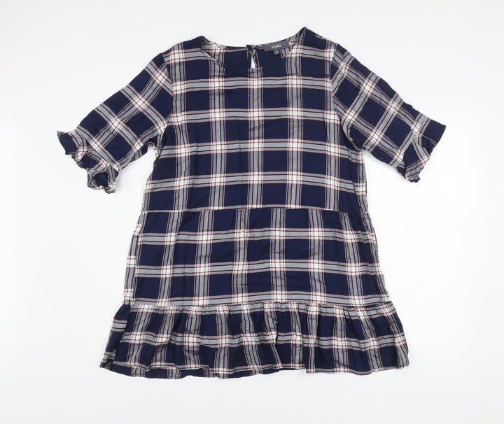 Studio Women's Blue Checked Ruffle Shift Dress Size 14