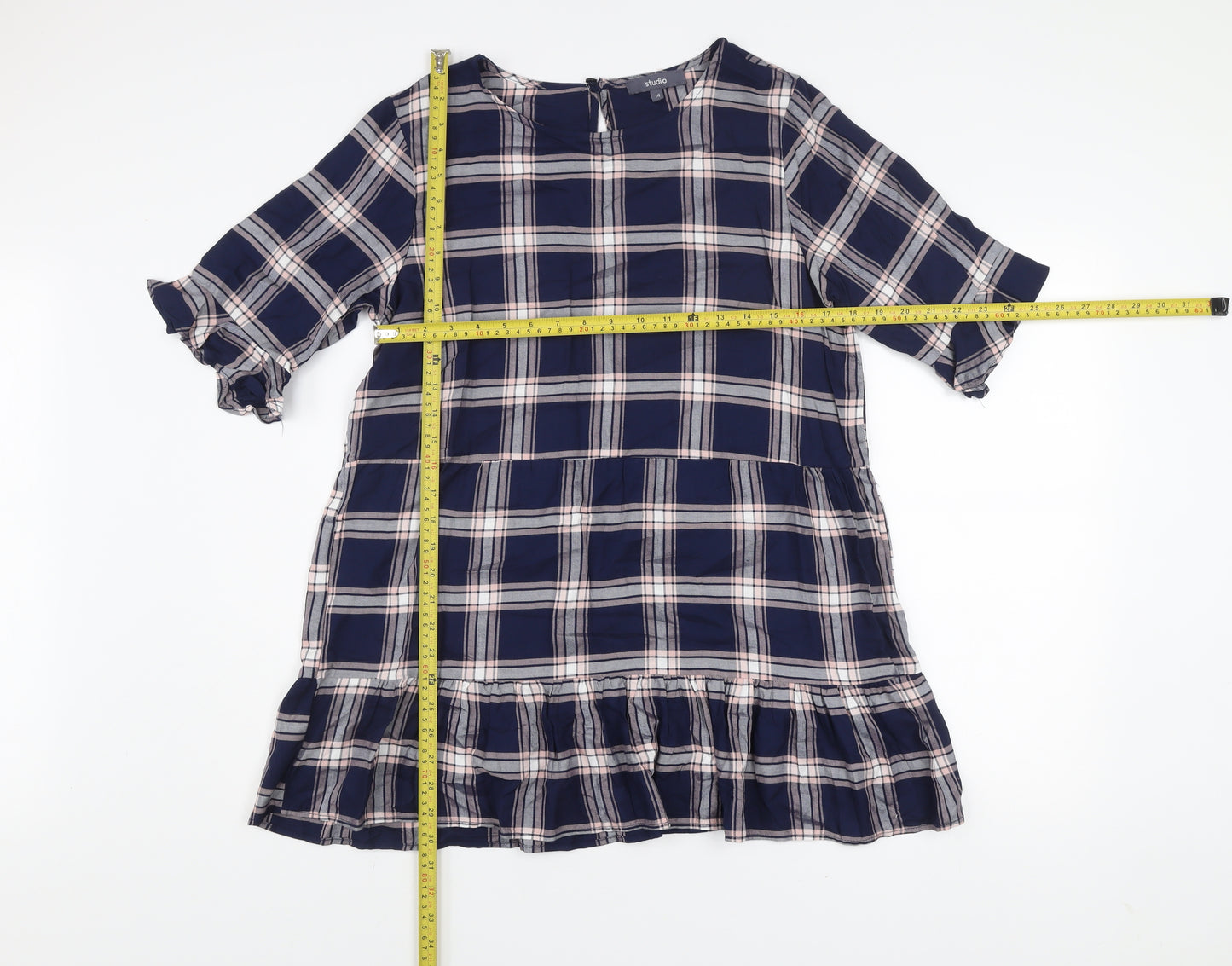 Studio Women's Blue Checked Ruffle Shift Dress Size 14