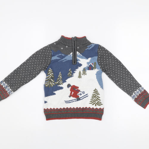 E of M Boys Grey Ski Scene 1/4 Zip Jumper 2 Years Cotton Acrylic Winter Knit