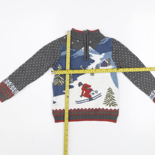 E of M Boys Grey Ski Scene 1/4 Zip Jumper 2 Years Cotton Acrylic Winter Knit
