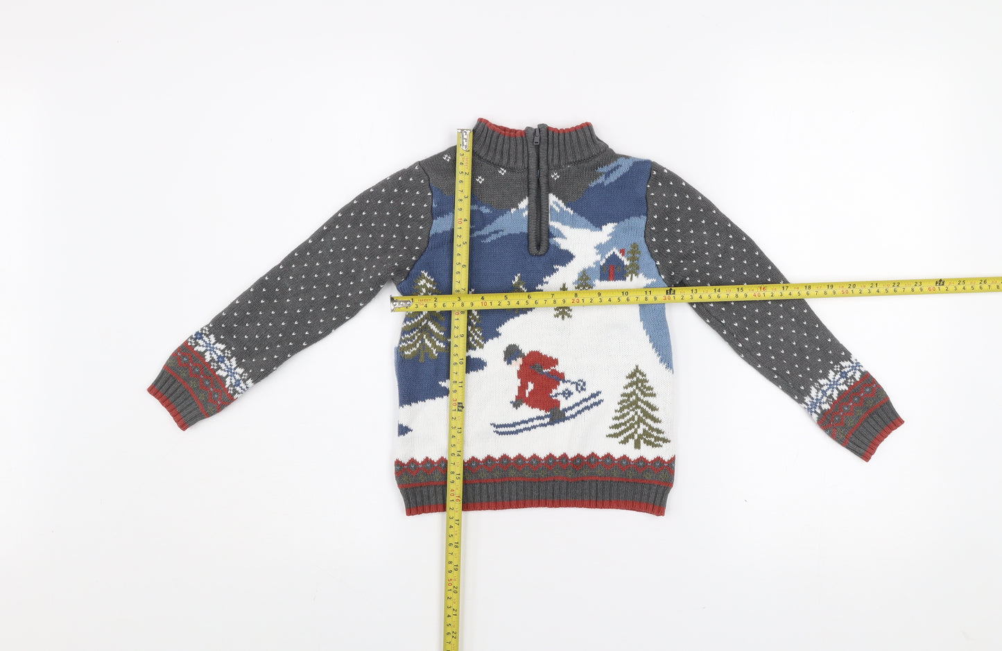 E of M Boys Grey Ski Scene 1/4 Zip Jumper 2 Years Cotton Acrylic Winter Knit