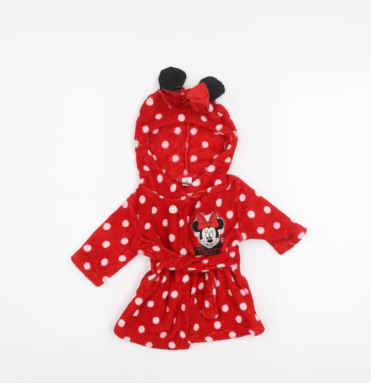Front view of Disney Baby Red Polka Dot Minnie Mouse Hooded Robe 0-3 Months Fleece
