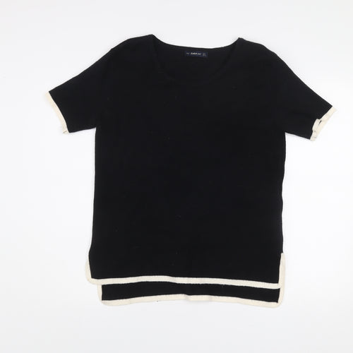 ZARA Women Black Knit Short Sleeve Round Neck T-Shirt L