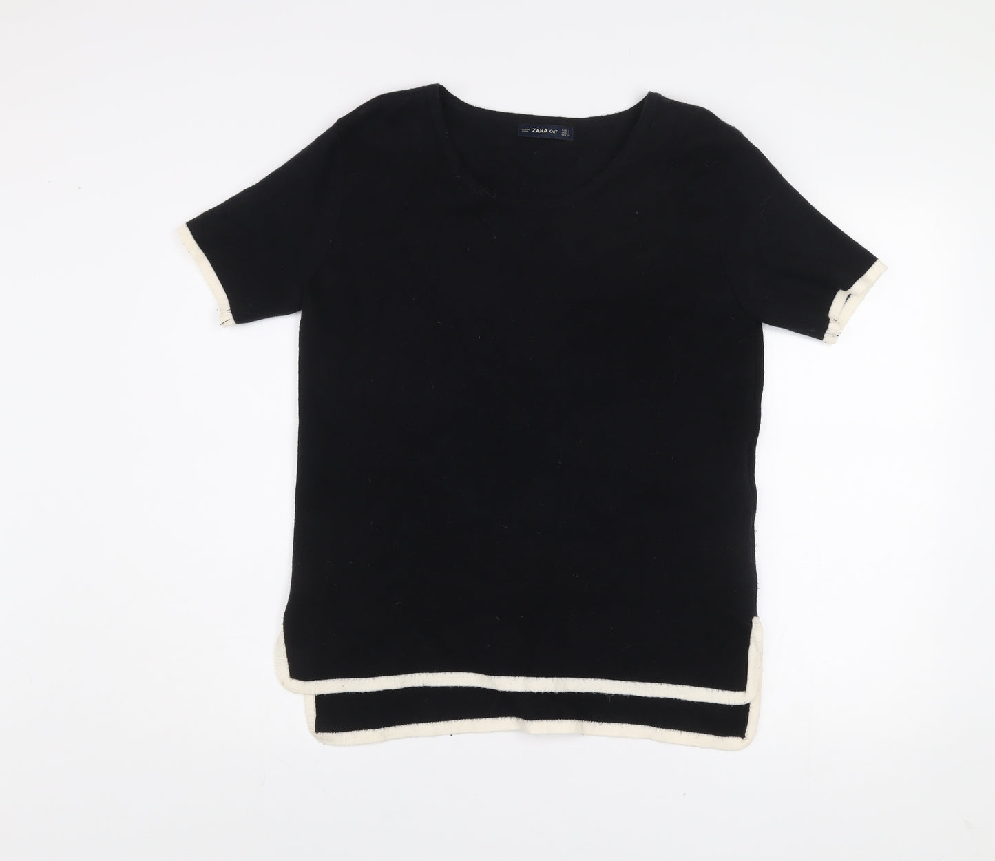 ZARA Women Black Knit Short Sleeve Round Neck T-Shirt L