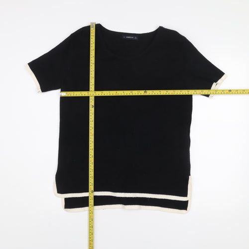 ZARA Women Black Knit Short Sleeve Round Neck T-Shirt L