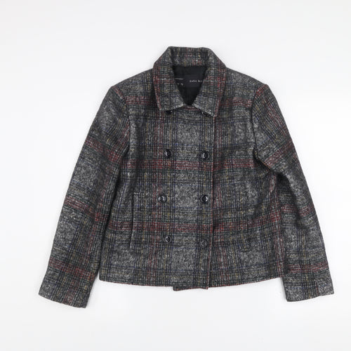 Zara Basic Women's Grey Checked Wool Blend Pea Coat Jacket Size S