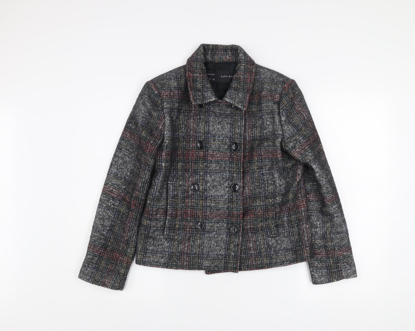 Zara Basic Women's Grey Checked Wool Blend Pea Coat Jacket Size S