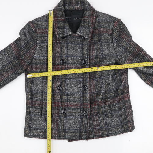 Zara Basic Women's Grey Checked Wool Blend Pea Coat Jacket Size S