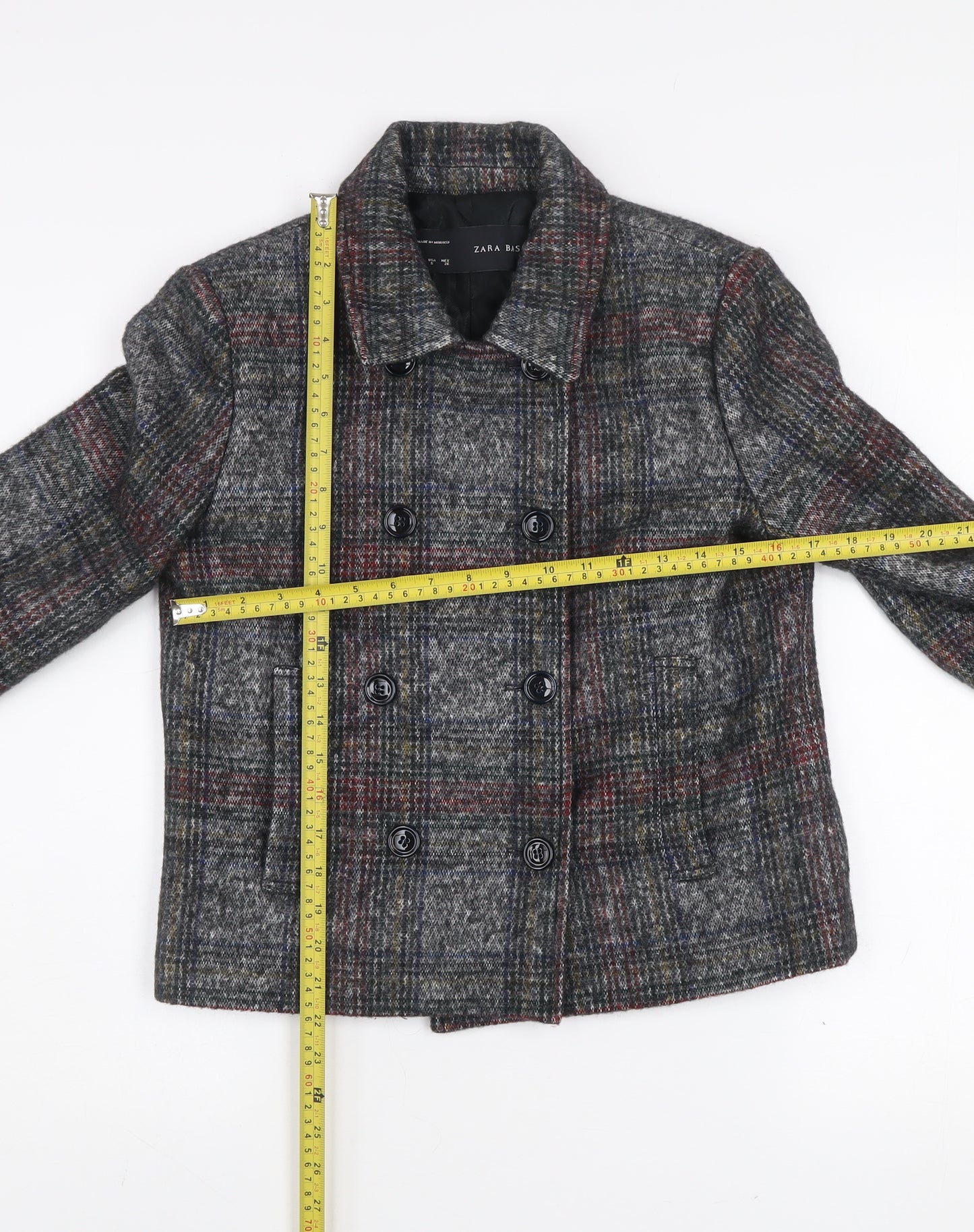Zara Basic Women's Grey Checked Wool Blend Pea Coat Jacket Size S