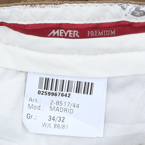 Meyer Men Brown Chino Trousers Size 34/32 Regular Fit Stretch Cotton