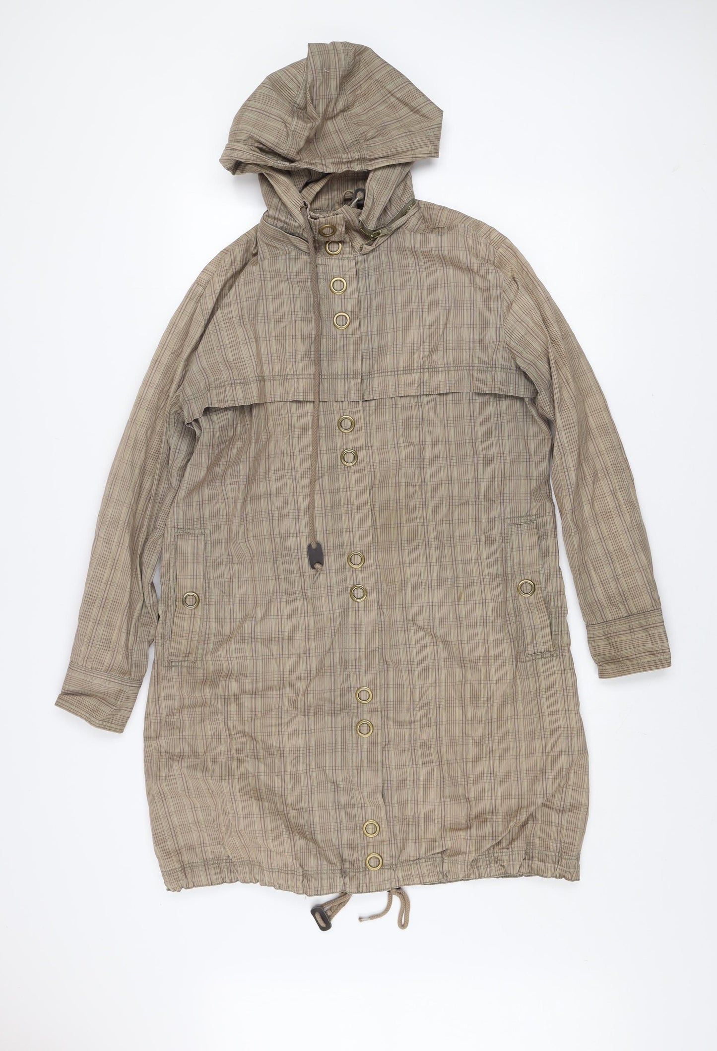 MNG Women’s Beige Checked Hooded Lightweight Long Rain Coat Size 8