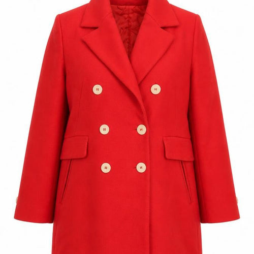 Mango Women Red Pea Coat Size 14 Lined Classic Mid-Length Button