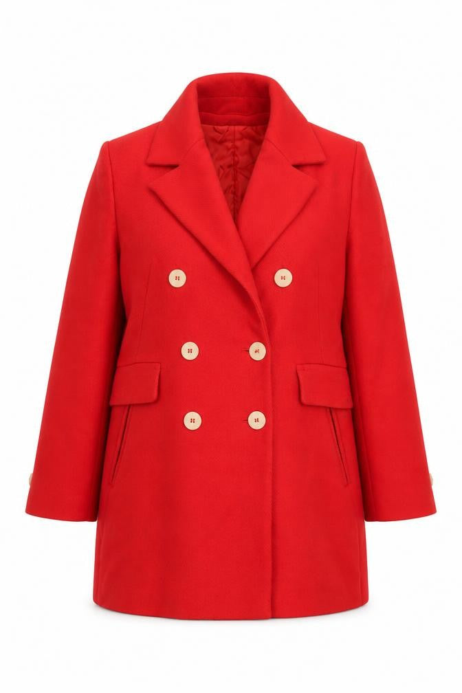 Mango Women Red Pea Coat Size 14 Lined Classic Mid-Length Button