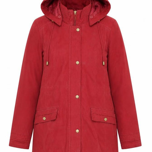 Bm Women Red Hooded Parka Coat Size S Long Twill Jacket