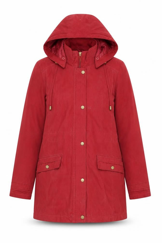 Bm Women Red Hooded Parka Coat Size S Long Twill Jacket
