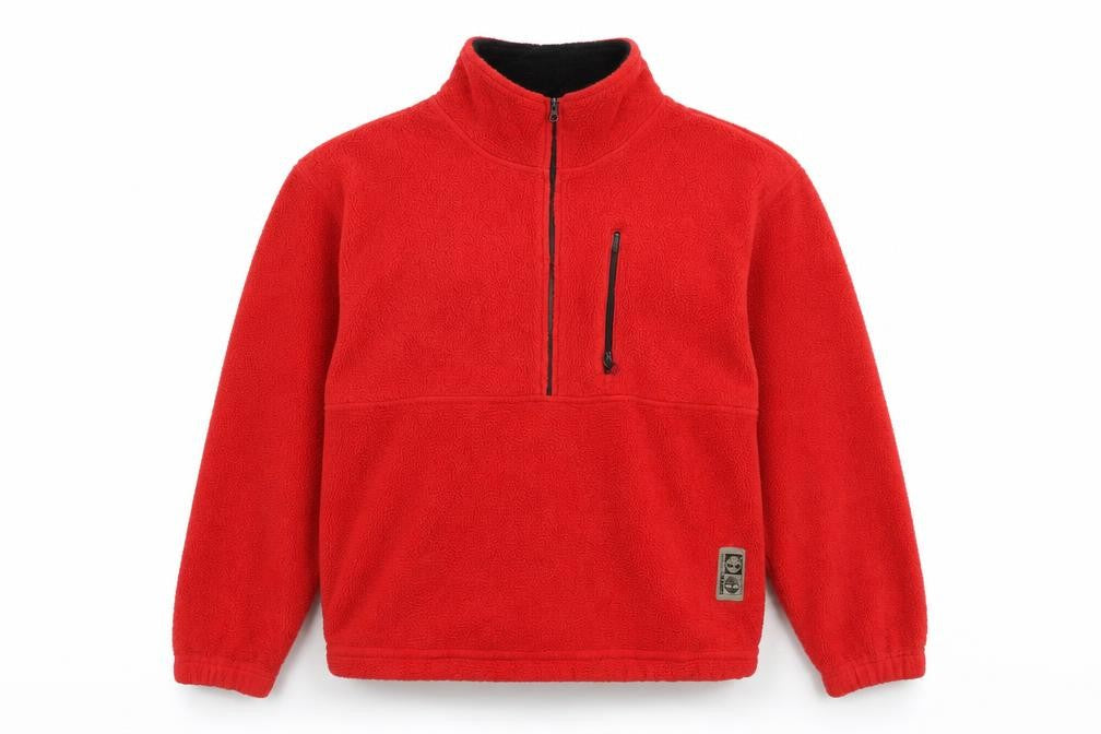 Front view of Timberland men’s red fleece half zip pullover sweatshirt l