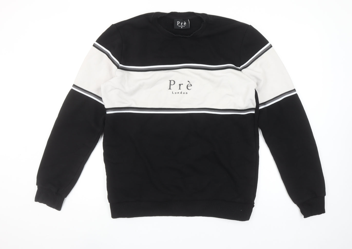 Prè London Men's Black & White Stripe Logo Sweatshirt M