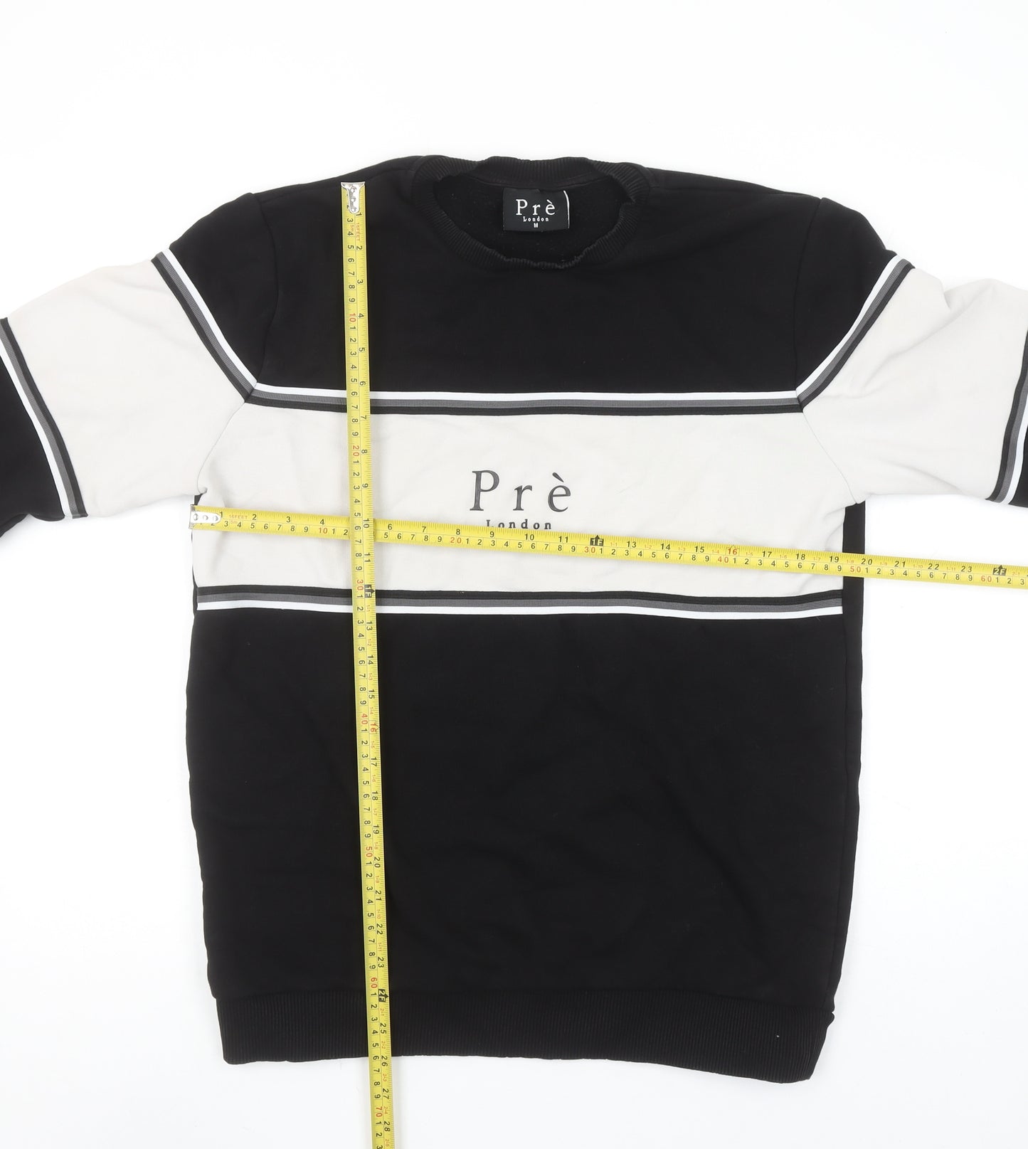 Prè London Men's Black & White Stripe Logo Sweatshirt M