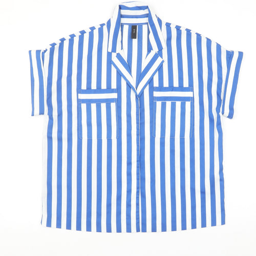 Y.A.S Womens Blue White Striped Collared Short Sleeve Button-Up Shirt M