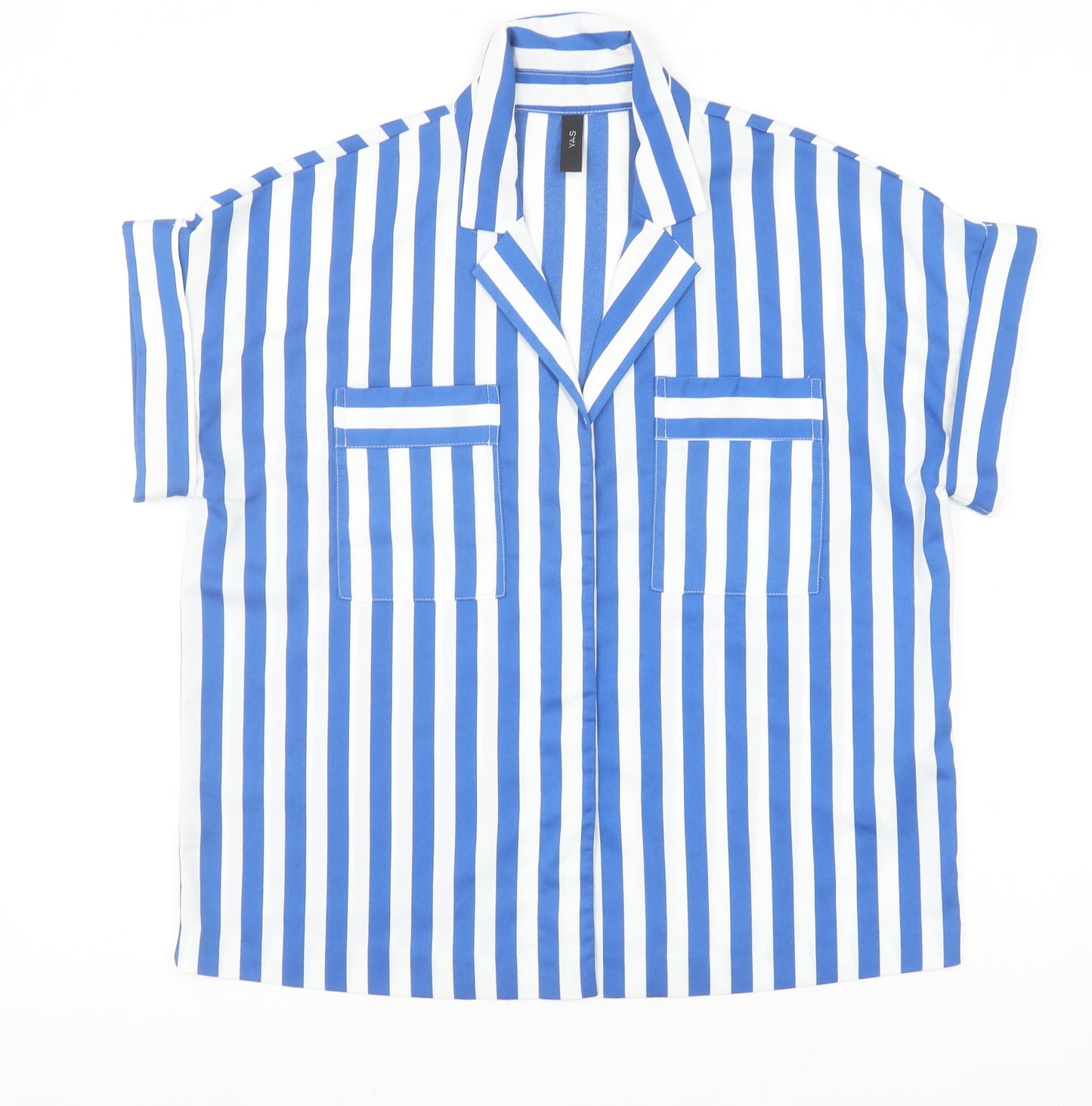 Y.A.S Womens Blue White Striped Collared Short Sleeve Button-Up Shirt M