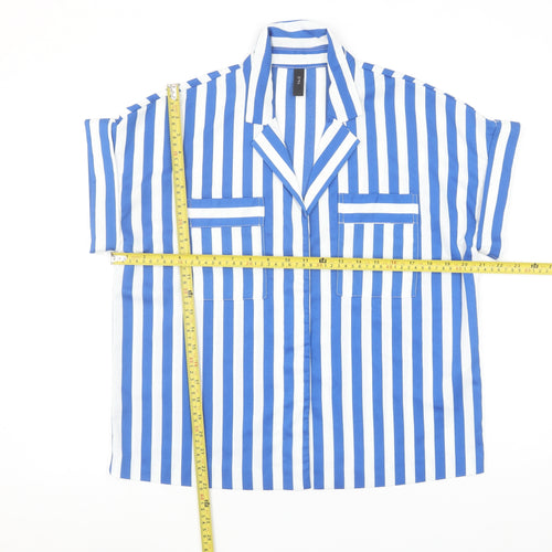 Y.A.S Womens Blue White Striped Collared Short Sleeve Button-Up Shirt M
