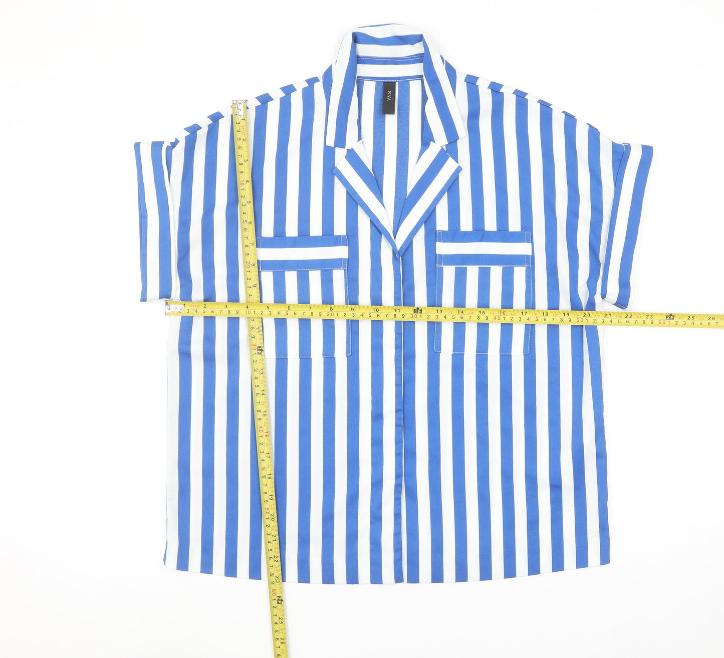 Y.A.S Womens Blue White Striped Collared Short Sleeve Button-Up Shirt M