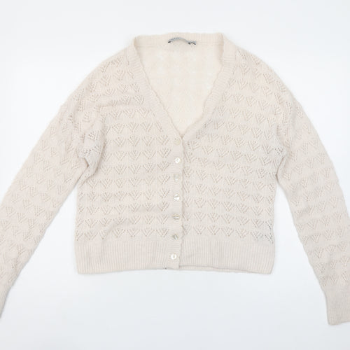 Oasis Women Beige Wool Blend V-Neck Button Cardigan Size M