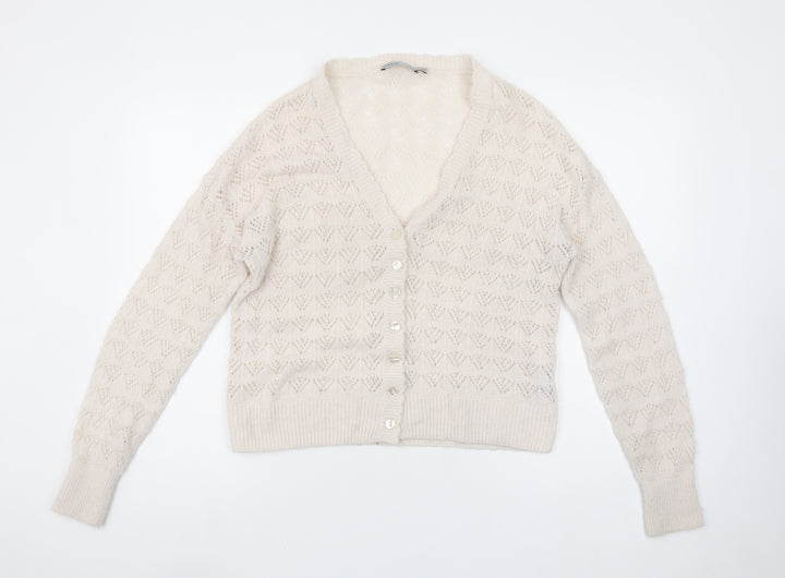 Oasis Women Beige Wool Blend V-Neck Button Cardigan Size M