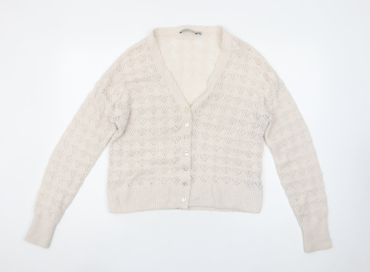 Oasis Women Beige Wool Blend V-Neck Button Cardigan Size M